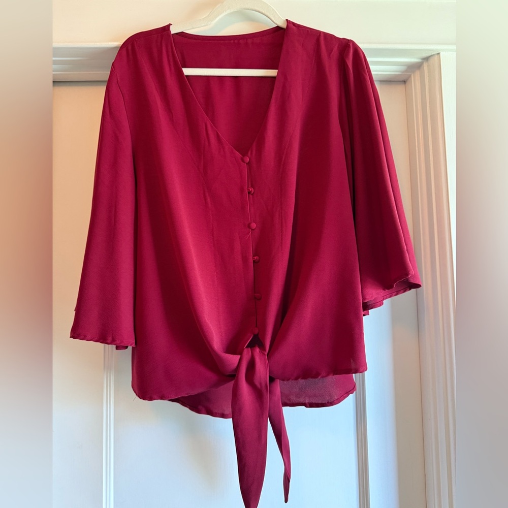 Burgundy Button-Down Tie-Front Top, XL